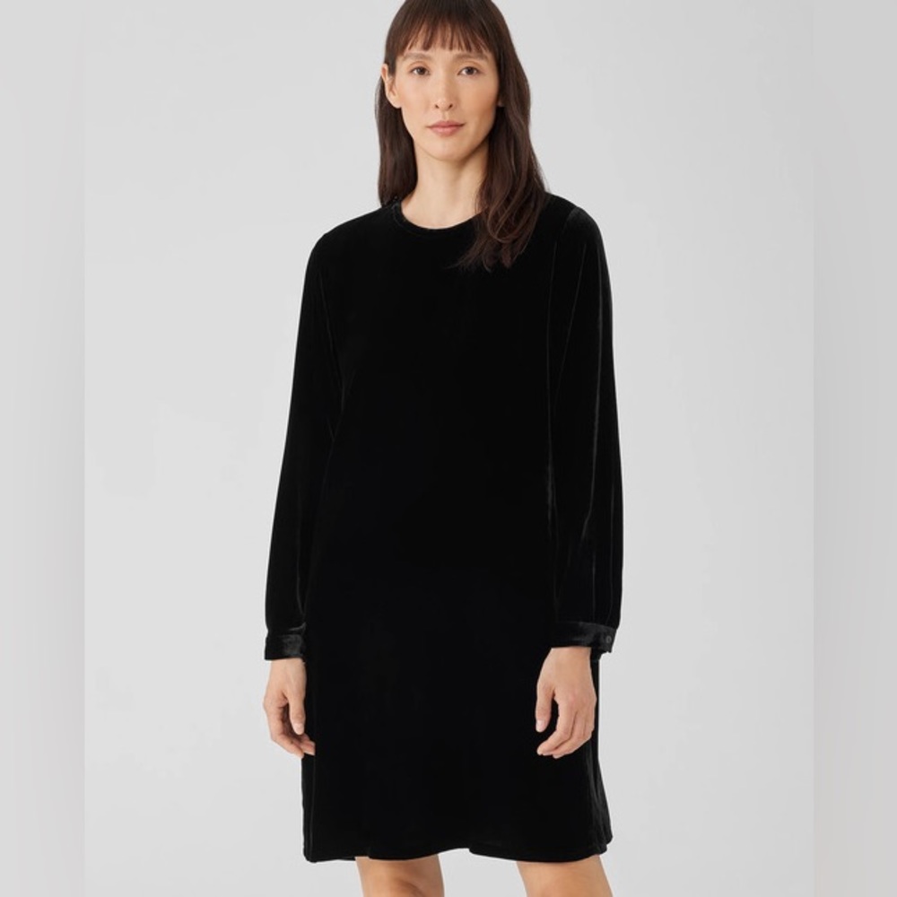 Eileen Fisher Velvet Crew Neck Dress Red Long Sleeve Womens M Retail $348